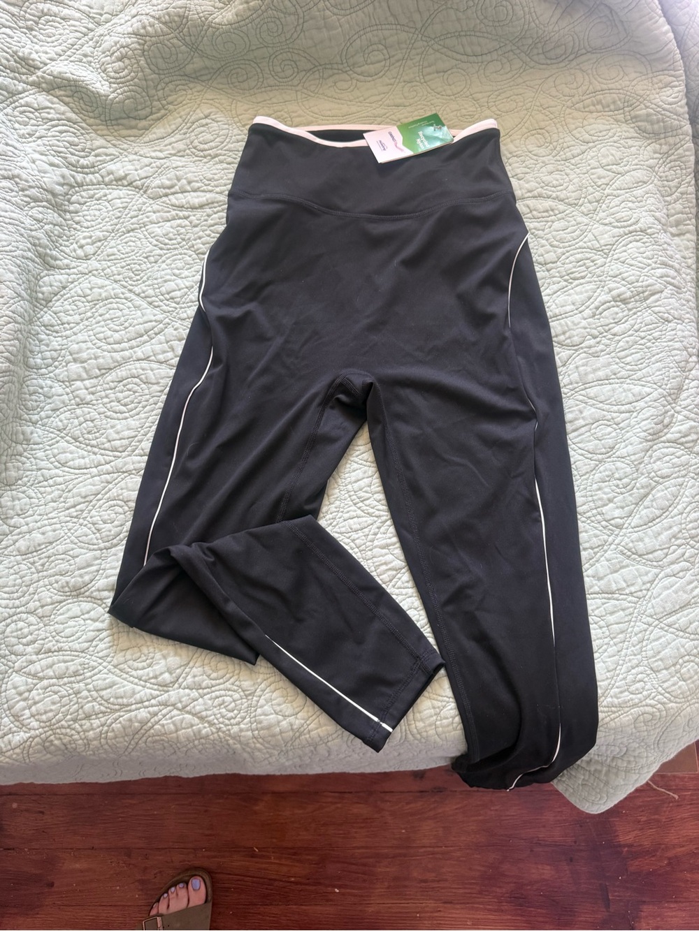 Girls' Black Athletic Leggings with White Piping